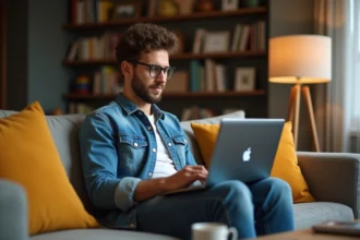Jeune homme en denim regarde streaming sur son laptop