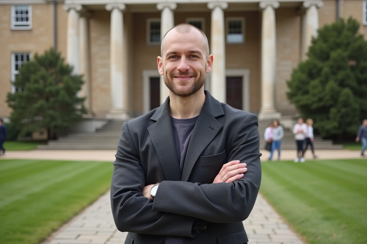 Jeune homme debout devant un bâtiment universitaire ancien