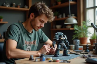Jeune homme peignant une miniature Warhammer 40k dans son atelier