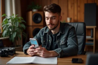 Jeune musicien en studio avec decibel calculator numérique