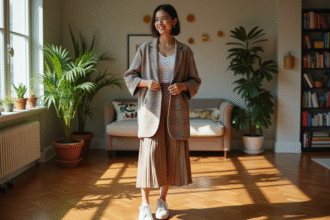 Jeune adulte nonbinaire en blazer et jupe dans un appartement lumineux