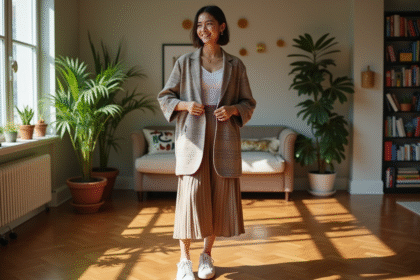 Jeune adulte nonbinaire en blazer et jupe dans un appartement lumineux