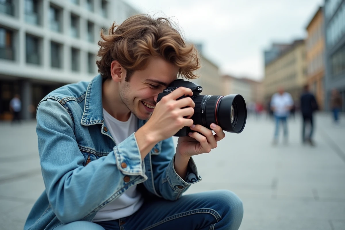 Jeune homme testant un appareil photo reflex débutant en extérieur dans une place urbaine