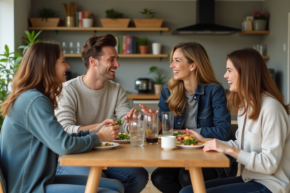 Jeunes adultes rient autour d'un repas convivial dans un appartement lumineux