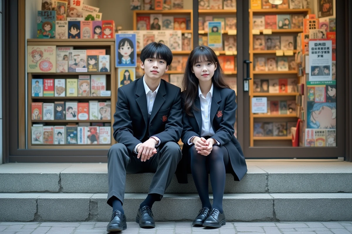 Deux adolescents japonais devant une librairie manga en ville