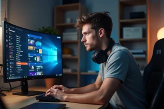 Joueur concentré ajustant les paramètres de jeu Snoki sur un écran courbe dans un bureau gaming moderne