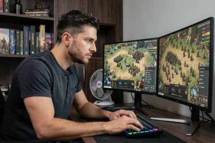 Joueur de jeu de stratégie PC concentré devant trois moniteurs affichant une carte de guerre médiévale avec formations de troupes