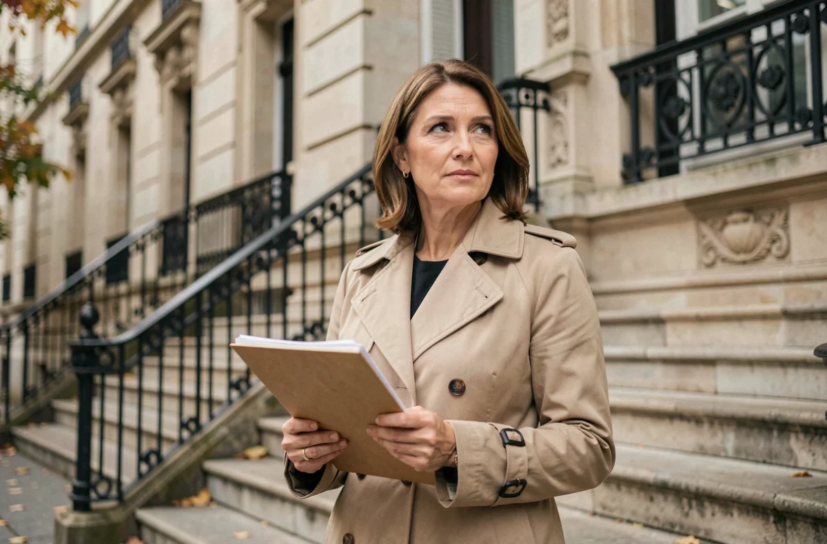 Femme journaliste tenant des archives devant un bâtiment institutionnel parisien dans le cadre d'une enquête sur des personnalités publiques