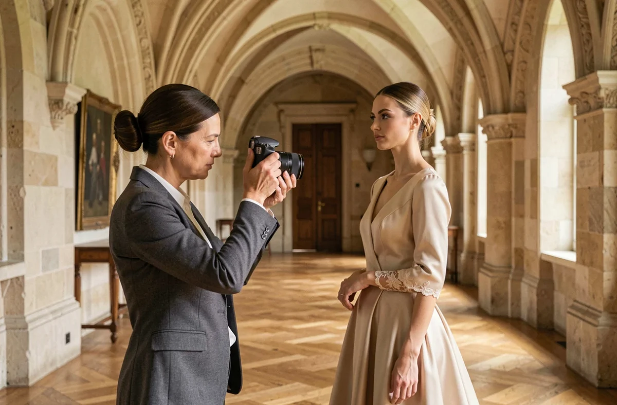 Julie de Solliers photographiant un mannequin de mode dans un château normand aux arches de pierre