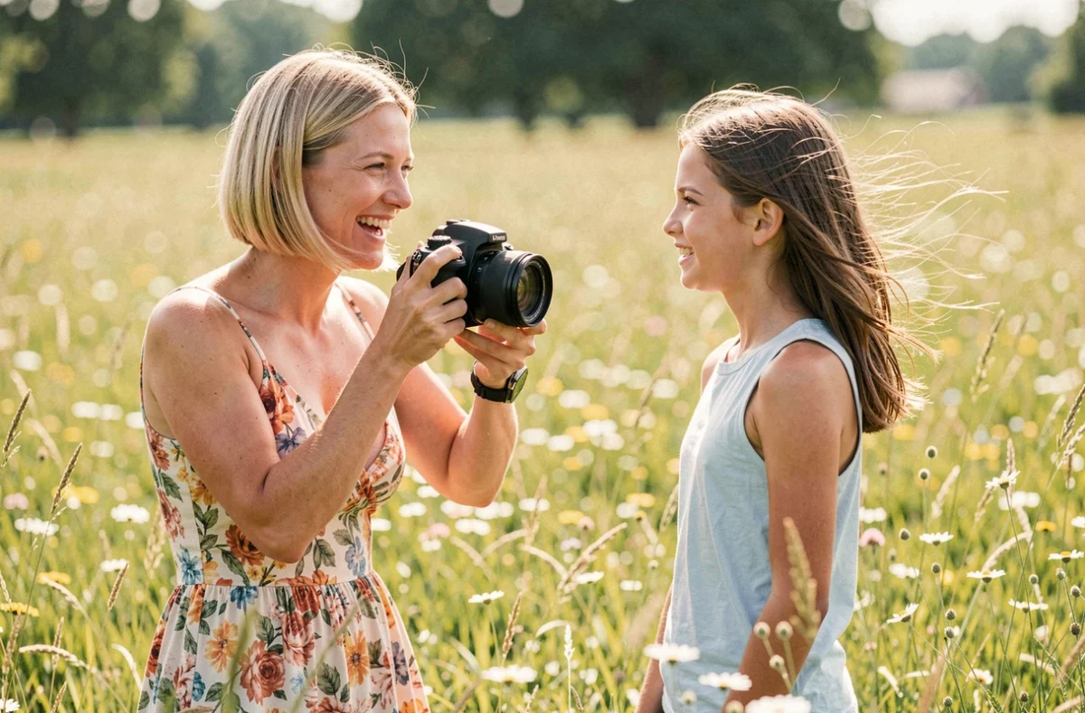 Julie Photographie animant une séance portrait jeune fille dans une prairie fleurie près de Rouen