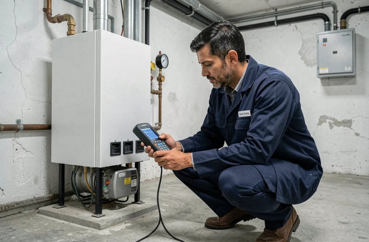 Karim Plombier Chauffagiste effectuant un diagnostic numérique sur une chaudière gaz dans une chaufferie de sous-sol
