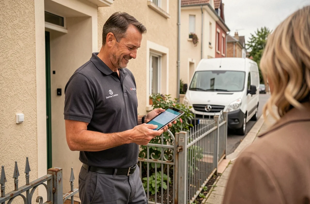 Technicien LB Services présentant un devis sur tablette à un propriétaire devant une maison résidentielle à Colombes