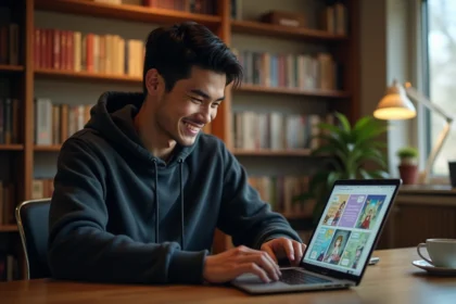 Jeune homme lisant des mangas en ligne sur un laptop dans un bureau cosy entouré de volumes de manga