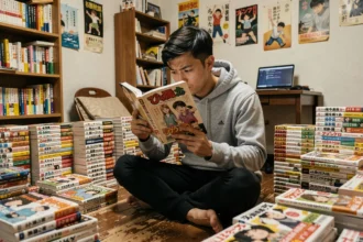 Jeune homme lisant un manga One Piece entouré de nombreux tomes empilés sur un plancher en bois
