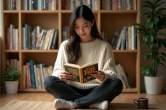 Jeune femme lisant un manga papier dans une bibliothèque cosy remplie de volumes de manga