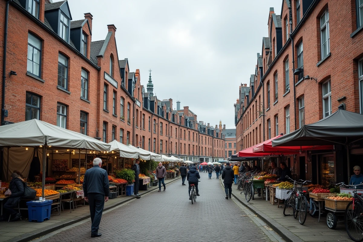 Quartiers sud de Lille avec maisons en brique flamandes, HLM et marché de rue animé sous ciel couvert
