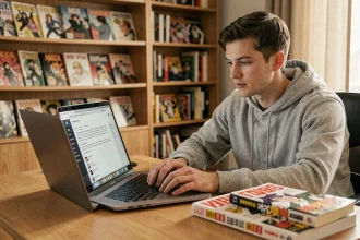Jeune homme lisant des mangas légalement en ligne sur un ordinateur portable à son bureau