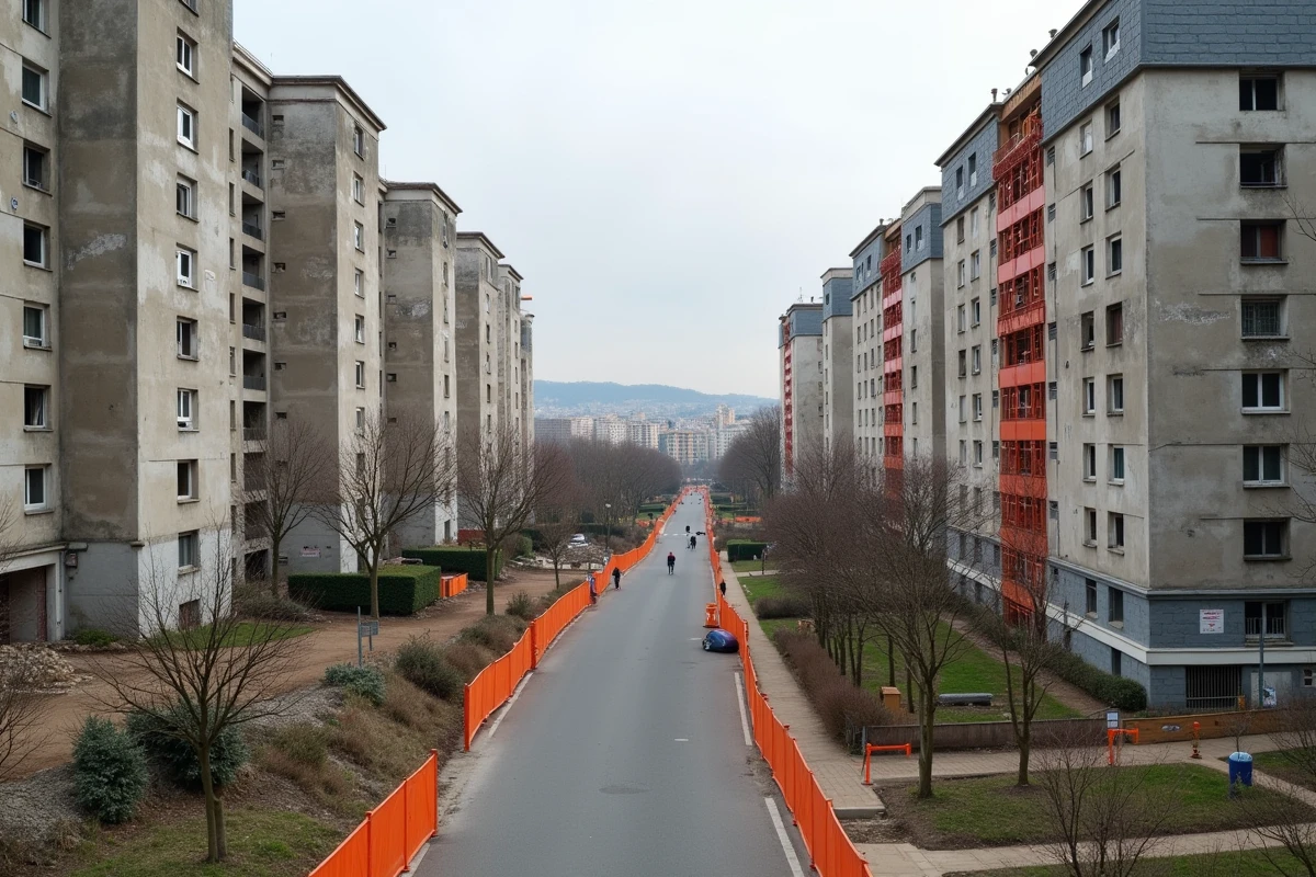 Quartier de la Duchère à Lyon avec mélange de tours en rénovation et bâtiments refaits sur fond de panorama urbain