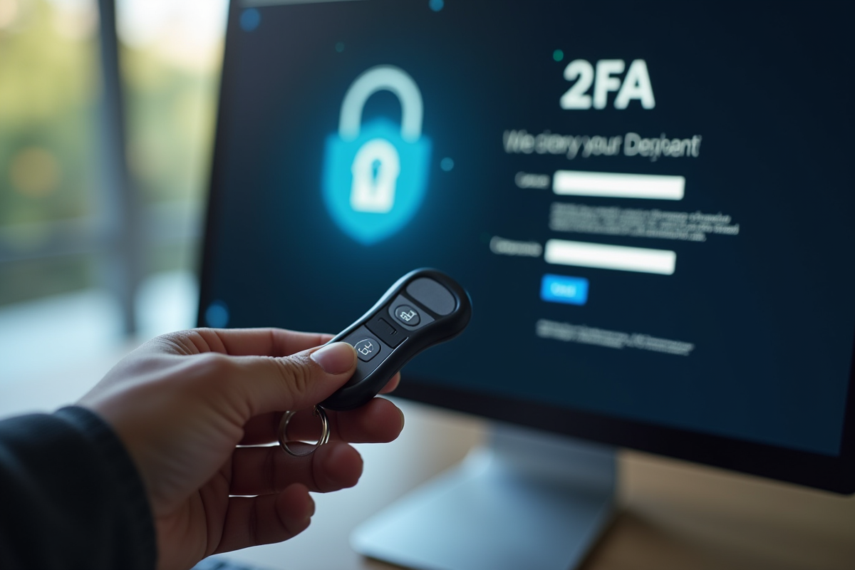 Main tenant une clé de sécurité près d’un écran avec une demande de connexion 2FA