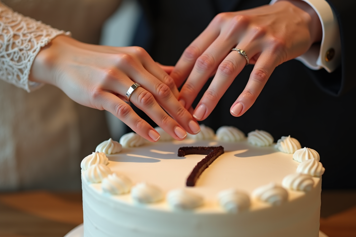 Mains avec alliances tenant un gâteau décoré pour le septième anniversaire