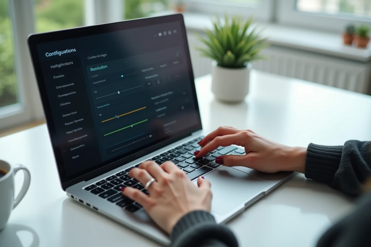 Mains féminines configurant les paramètres essentiels d'un jeu sur un ordinateur portable dans un espace de travail minimaliste