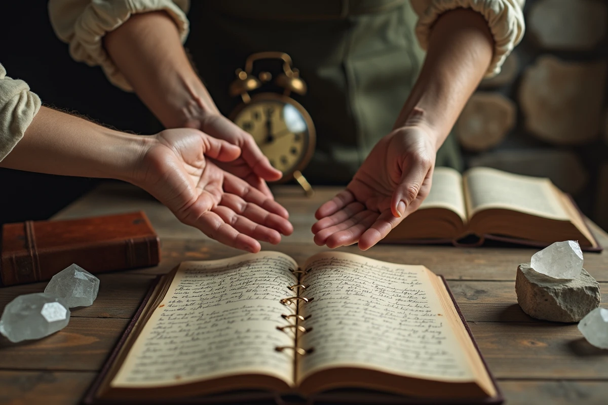Deux mains qui se frôlent au-dessus d'un journal spirituel ouvert avec des cristaux et une horloge indiquant 03h03, symbolisant la connexion entre flammes jumelles guidées par les esprits