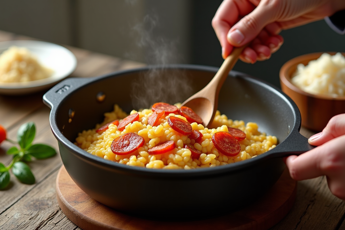 Mains remuant risotto au chorizo dans le Cookeo