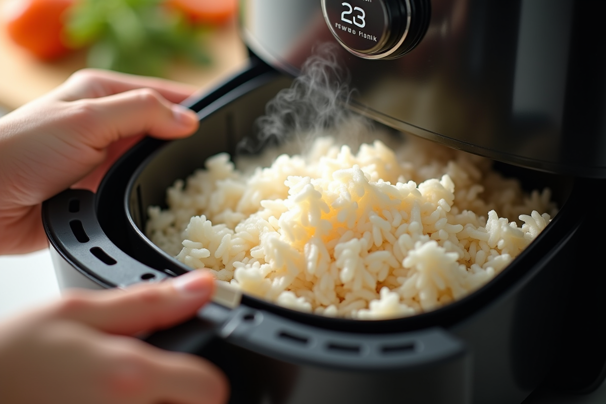 Mains ouvrant la friteuse avec riz vapeur en gros plan