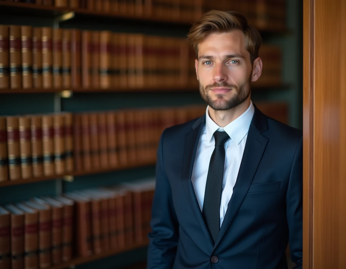 Maître Basile Bodard, avocat au barreau de Dax, posant à côté d'une bibliothèque juridique dans son cabinet