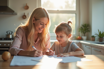 Maman et enfant souriants remplissant des papiers dans la cuisine