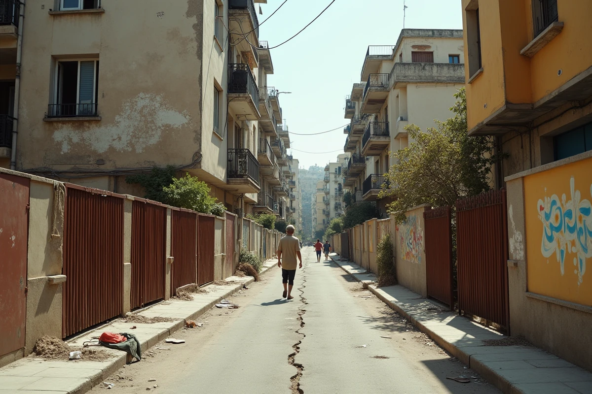 Rue dégradée des quartiers nord de Marseille avec immeubles vétustes et trottoirs abîmés