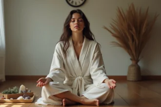 Femme en méditation spirituelle à 03h03, assise en tailleur sur un plancher en bois, dans une atmosphère de connexion avec les guides spirituels et les flammes jumelles