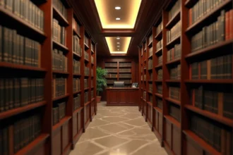 Couloir d'un cabinet d'avocats dans les Landes avec bibliothèques juridiques et bureau de réception en bois sombre