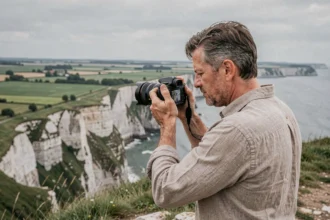 Photographe professionnel tenant son appareil photo face aux falaises normandes de Seine-Maritime