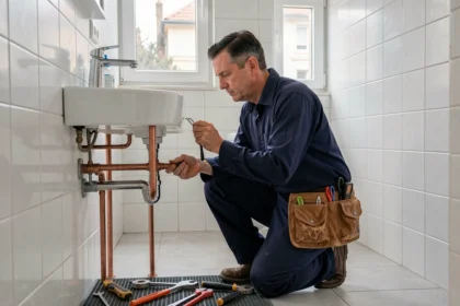 Plombier professionnel inspectant des tuyaux en cuivre dans une salle de bain d'un appartement à Colombes