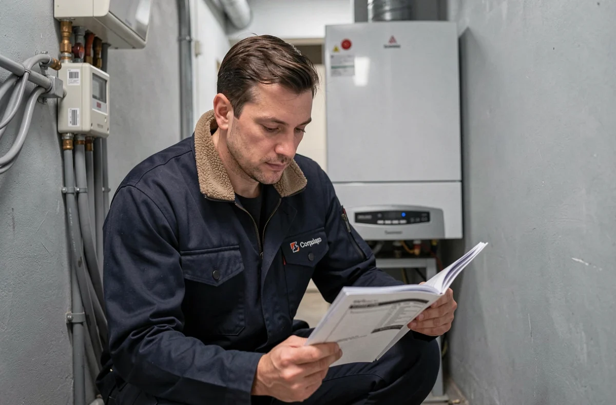 Technicien MMS Plomberie consultant un manuel technique devant une chaudière dans un local technique résidentiel