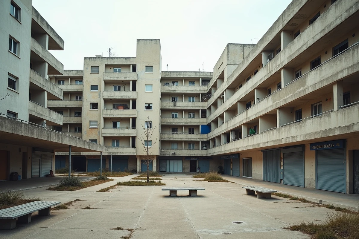 Complexe de logements sociaux de La Mosson à Montpellier avec galerie commerciale aux devantures fermées