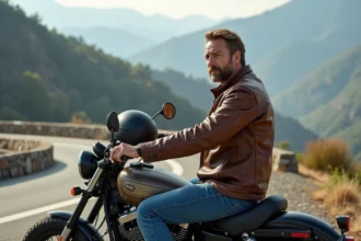 Motard homme en cuir sur une moto en montagne