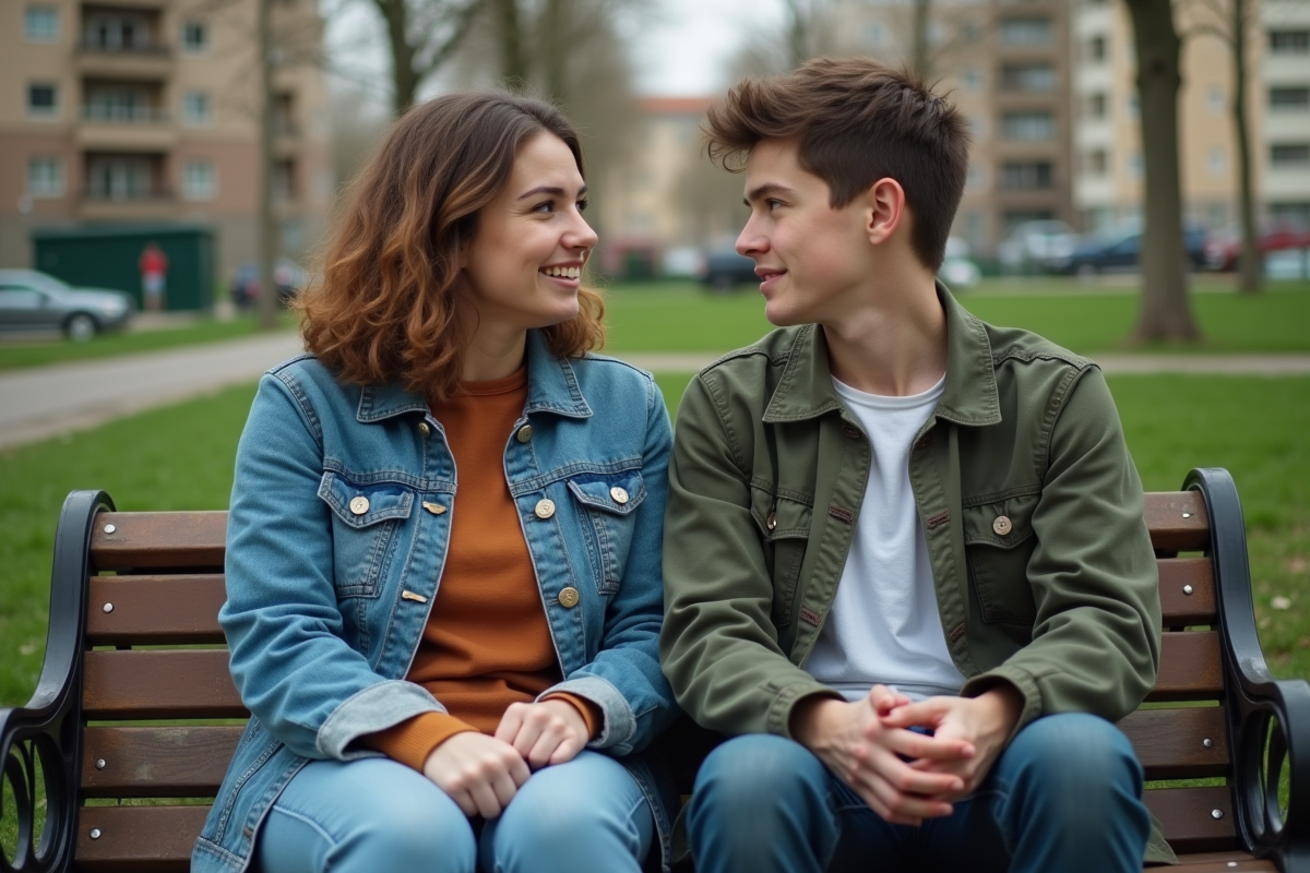 Mère et fils discutant dans un parc urbain