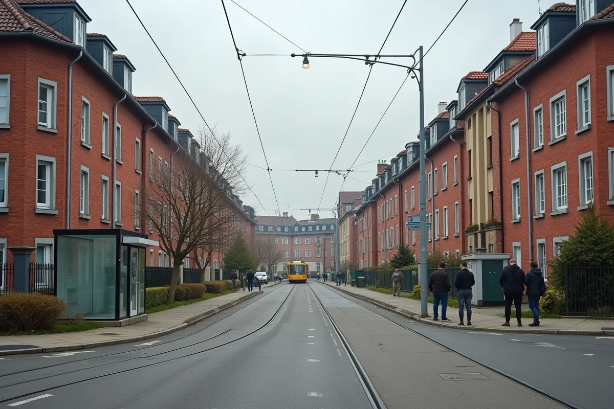 Quartier Bourtzwiller à Mulhouse avec immeubles en brique défraîchis et ligne de tramway traversant l'artère principale