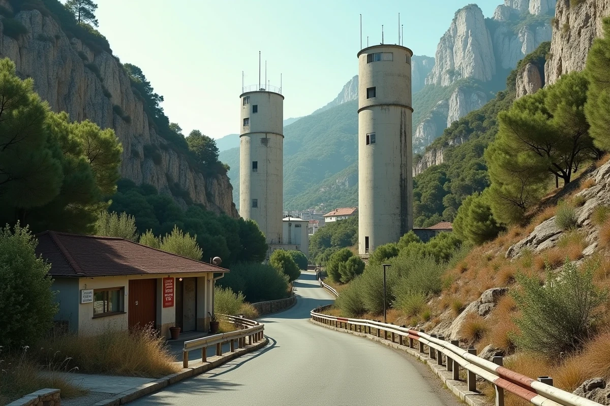 Cité de l'Ariane à Nice enclavée dans un vallon avec tours en béton entourées de végétation méditerranéenne et falaises calcaires