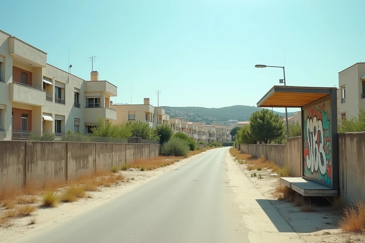 Quartiers sud de Nîmes avec blocs d'habitations des années 1970 et terrains vagues envahis par la végétation