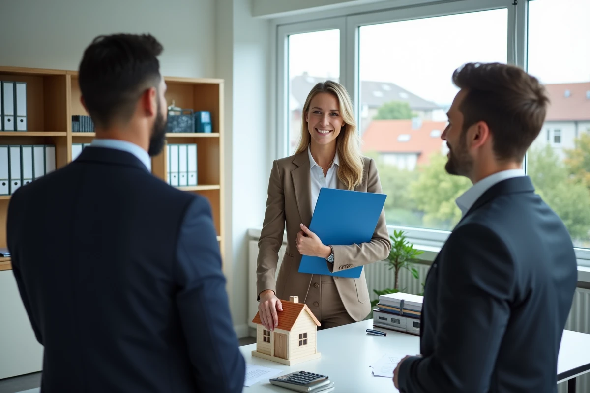 Notaire saluant un jeune couple avec une maquette de maison dans son bureau