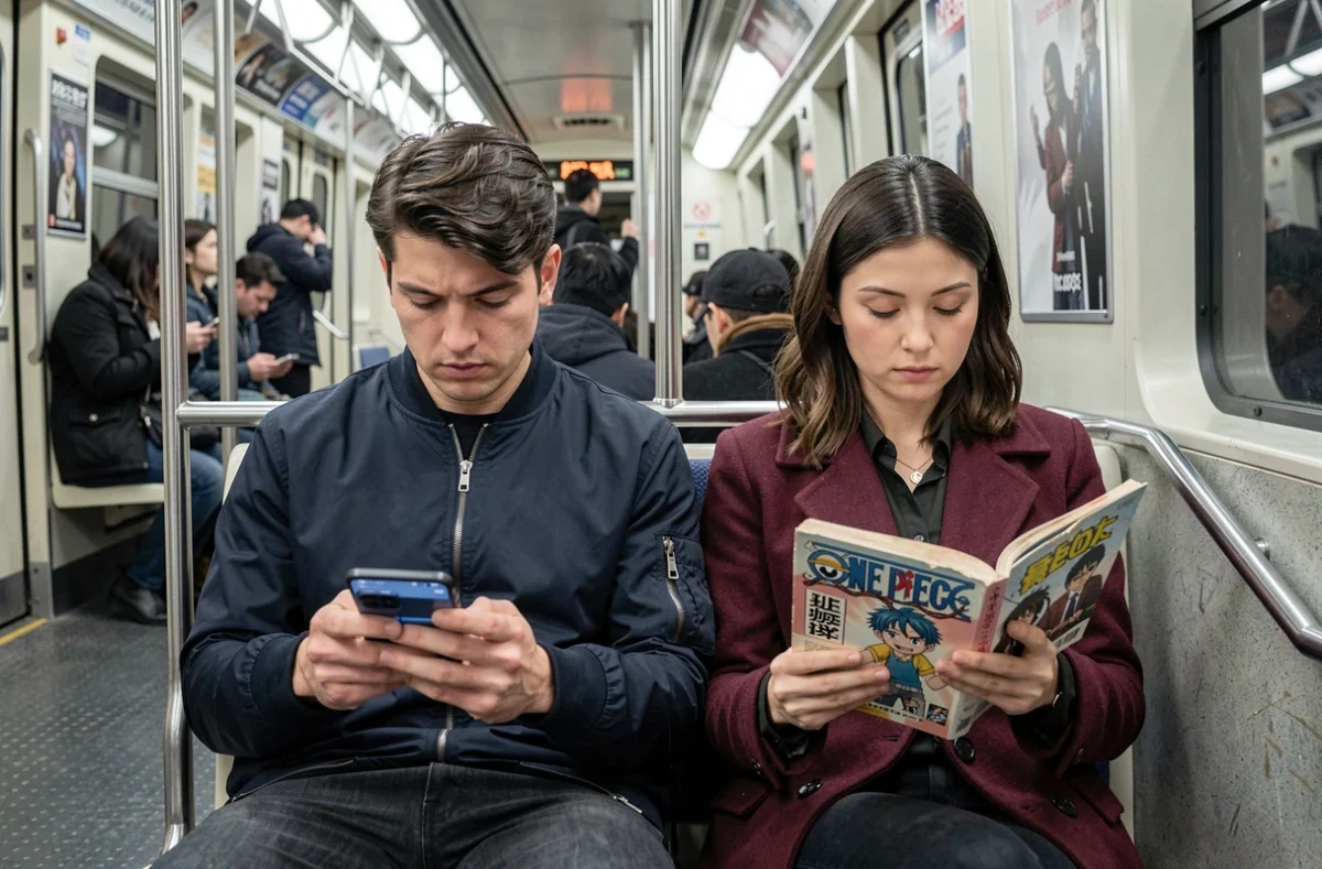 Deux adultes dans le métro lisant One Piece sur smartphone et en volume physique côte à côte