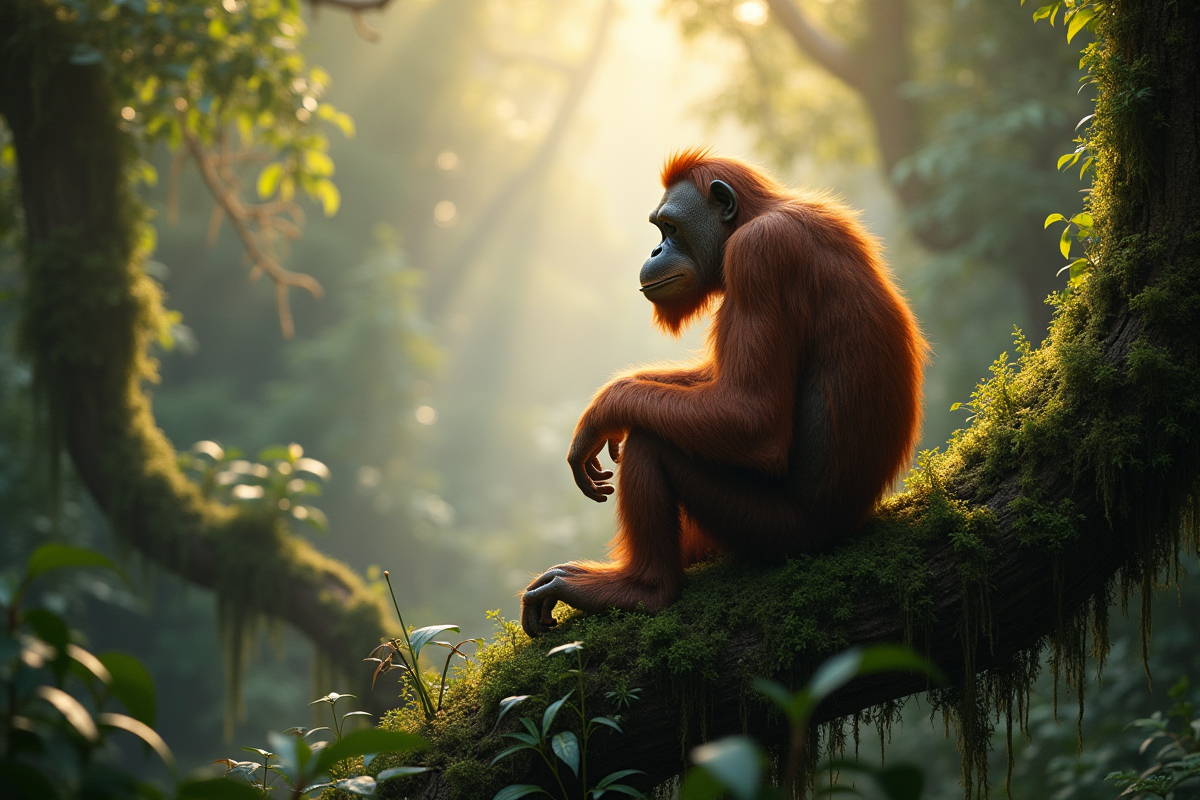 Orangutan âgé assis sur une branche de l arbre dans la jungle