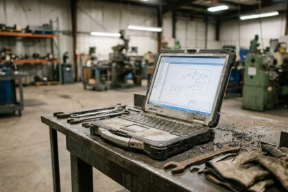 Ordinateur durci posé sur un établi d'atelier industriel entouré d'outils et de copeaux de métal