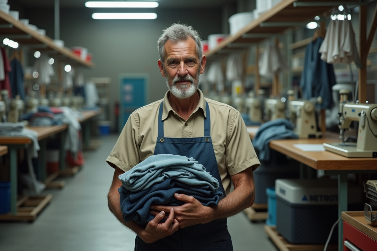 Ouvrier dans une usine de textile tenant un lot de vêtements