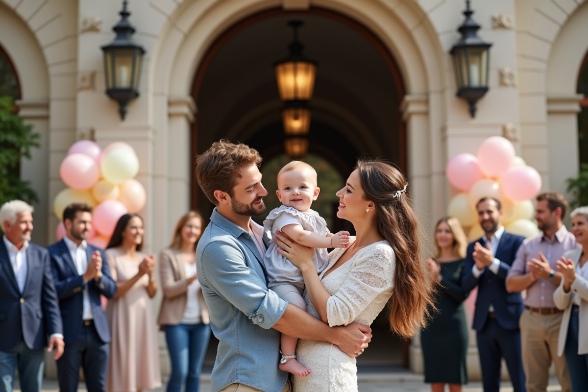 Parents et enfant devant la mairie avec ballons pastel