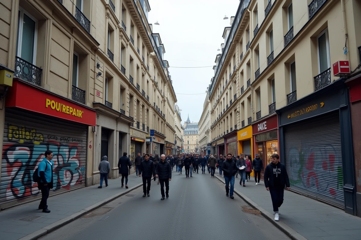 Rue du nord-est parisien mêlant immeubles haussmanniens, logements sociaux insérés, graffitis et commerce populaire animé