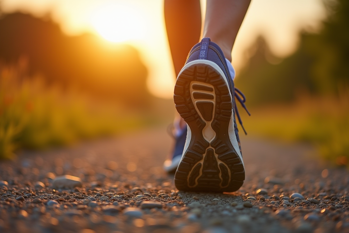 Pied en sneakers sur un sentier rural en fin de journée